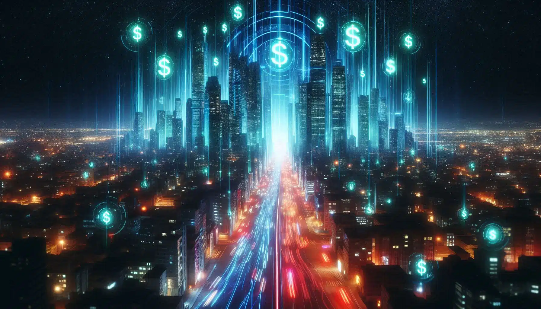 PaymxntNightCity Dark futuristic city with dollar signs rising