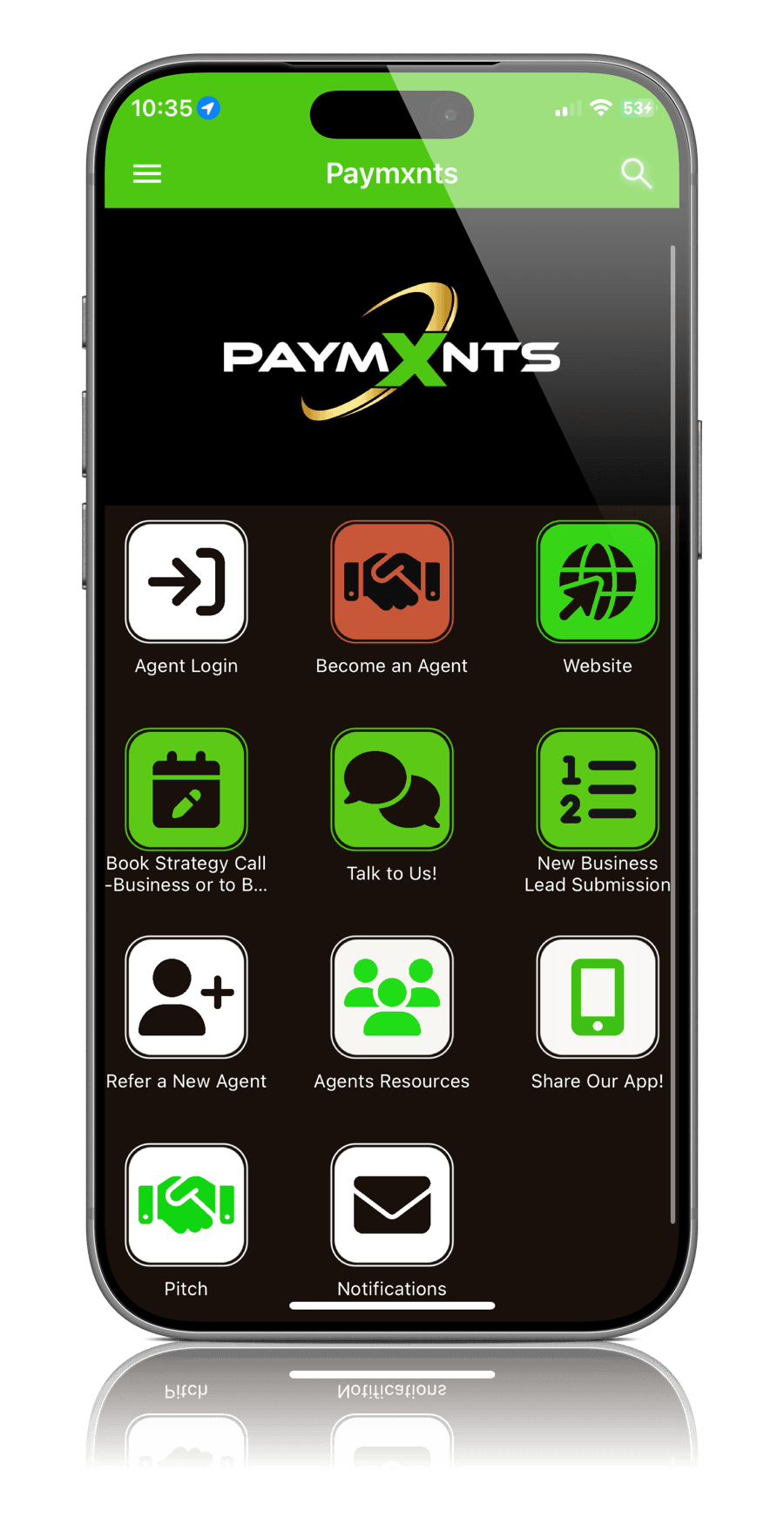 App front shot Screen Shot of Paymxnts Iphone App
